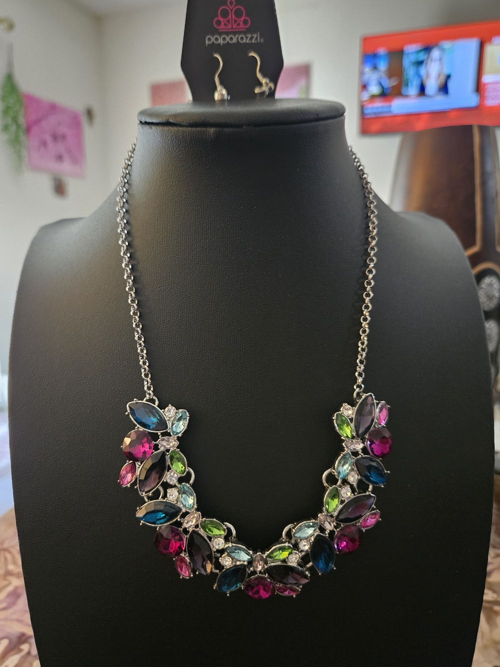 Paparazzi Multicolor Crystal Statement Necklace - Vibrant Pink, Blue & Green